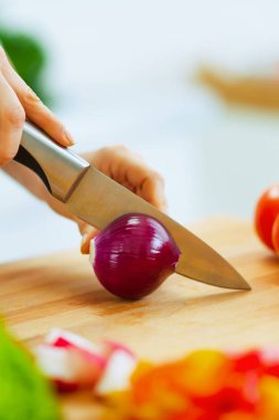 portre üzerinde kırmızı soğan kesme ev kadını