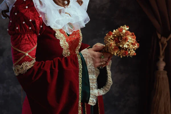 Close Middeleeuwse Koningin Rode Jurk Met Gedroogde Bloem Witte Kraag — Stockfoto