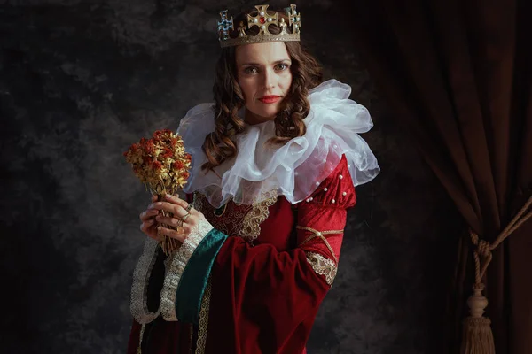 Middeleeuwse Koningin Rode Jurk Met Gedroogde Bloem Witte Kraag Kroon — Stockfoto