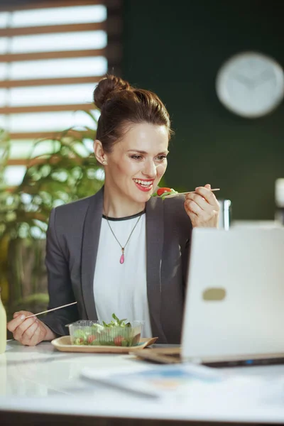 Sustainable Workplace Smiling Modern Middle Aged Woman Worker Grey Business — Stock Photo, Image