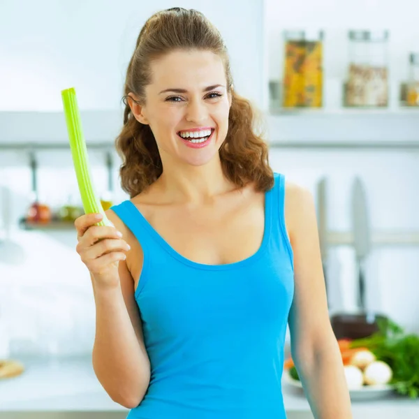 Happy Young Woman Fresh Celery Kitchen — Stock Photo, Image