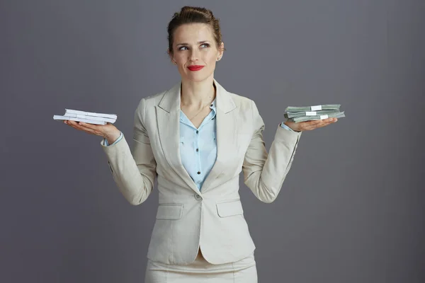 Pensive Trendy Female Employee Light Business Suit Dollars Money Packs — Stock Photo, Image