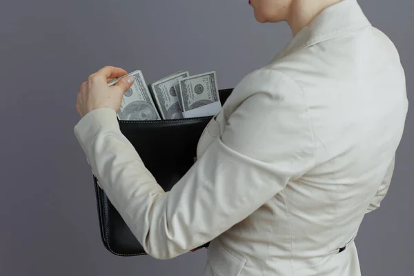 中年上の閉鎖小さなビジネス所有者女性でA光ビジネススーツでブリーフケースとドルお金パックに対するグレーの背景 — ストック写真