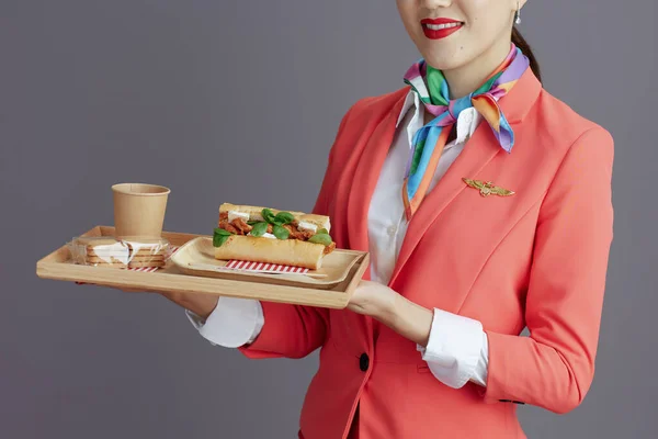 赤いスカート ジャケット 帽子の制服を着たエレガントなアジアの女性客室乗務員の閉鎖灰色で隔離された食べ物のトレイ — ストック写真