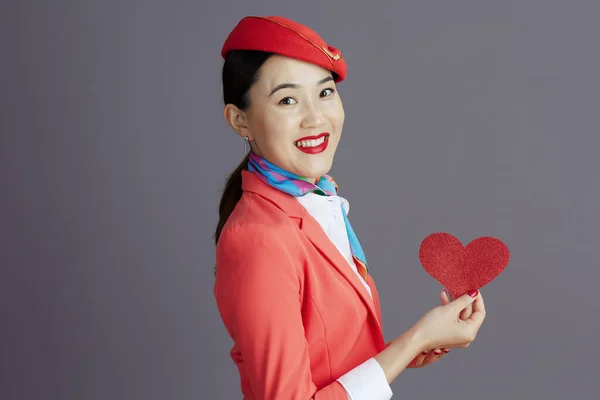 Sonriente Elegante Asiático Mujer Aire Azafata Rojo Falda Chaqueta Sombrero — Foto de Stock