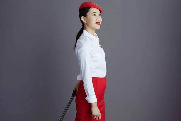 Smiling Elegant Asian Female Flight Attendant Red Skirt Hat Uniform — Stock Photo, Image