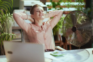 Sürdürülebilir iş yeri. Modern yeşil ofiste, elektrikli vantilatörü ve dizüstü bilgisayarı olan, gülümseyen, küçük işletme sahibi bir kadın..