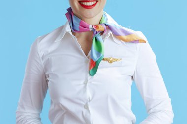Gülümseyen şık bayan hostese yakın plan üniformalı mavi arka planda izole edilmiş..