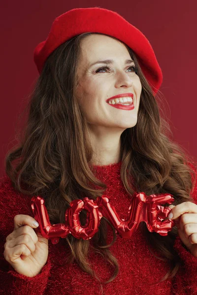 Happy Valentine Smiling Trendy Female Red Sweater Beret Love Inscription — Stock Photo, Image