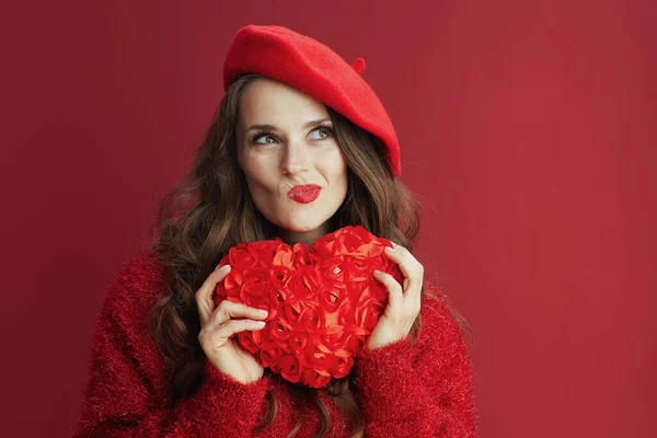 Happy Valentine Pensive Trendy Woman Red Sweater Beret Red Heart — Stock Photo, Image