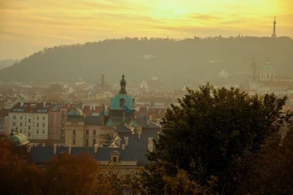 Paysage Avec Dôme Straka Academy Coucher Soleil Automne Prague République — Photo