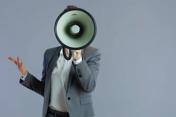 Trendy Middle Aged Woman Worker Grey Suit Megaphone Gray Background — Stock Photo, Image