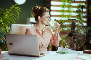 Sürdürülebilir iş yeri. Gülümseyen 40 yaşındaki kadın çalışan elektrikli yelpaze, su ve limonla çalışıyor..