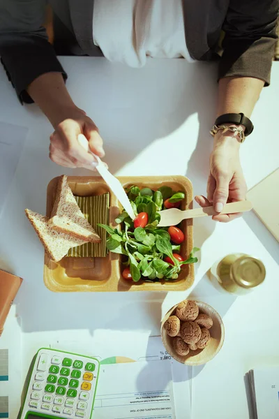Sürdürülebilir Yeri Yeşil Ofiste Salata Yiyen Muhasebeci Kadının Üst Görüntüsü — Stok fotoğraf