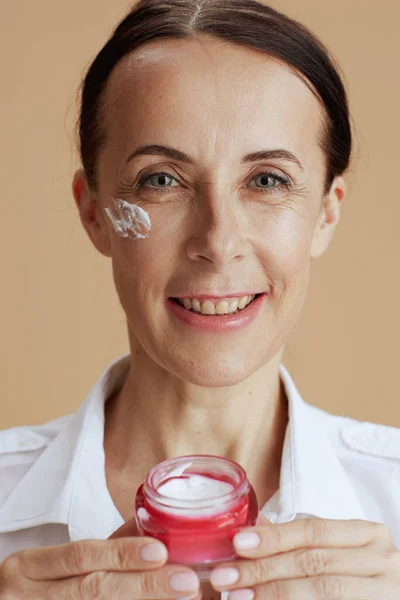Portrait Happy Modern Middle Aged Woman Facial Cream Jar White — Stock Photo, Image