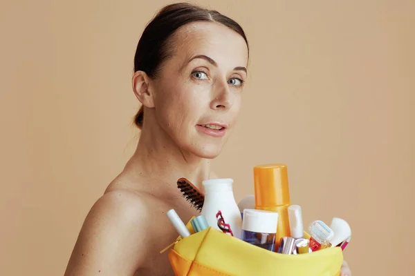Modern Years Old Woman Bag Cosmetics Beige Background — Fotografia de Stock