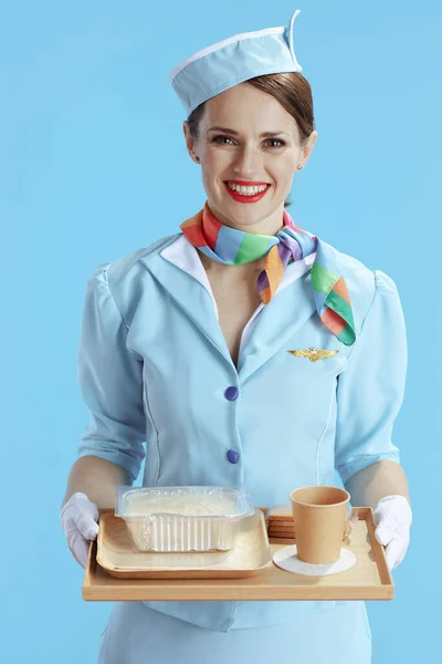 Smiling Modern Flight Attendant Woman Blue Background Blue Uniform Tray — Stock Photo, Image
