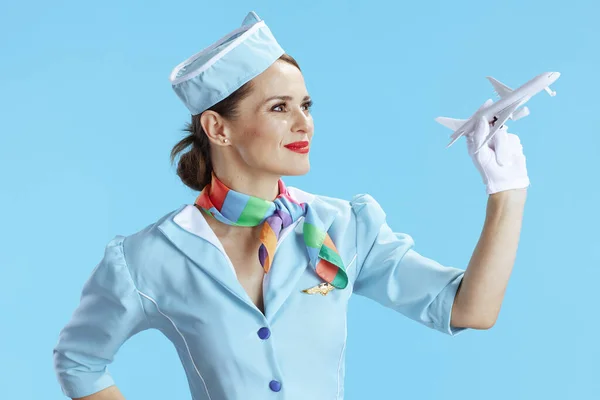 Stylish Flight Attendant Woman Blue Background Blue Uniform Little Airplane — Stock Photo, Image