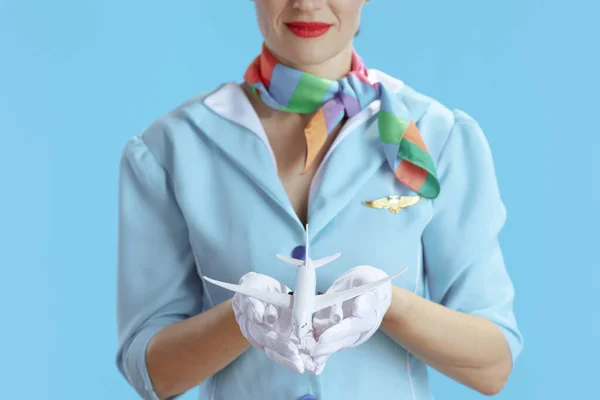 Closeup Stewardess Woman Blue Background Blue Uniform Little Airplane — Stock Photo, Image