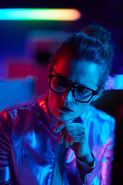 Neon Metaverse Futuristic Concept Pensive Trendy Woman Glasses — Stock Photo, Image