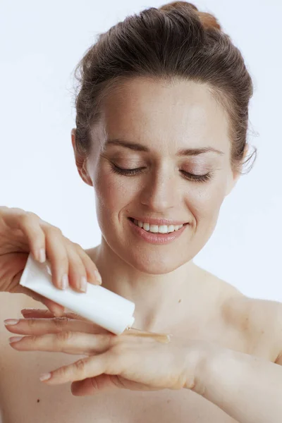 Happy Modern Female Hand Cream Isolated White — Stock Photo, Image