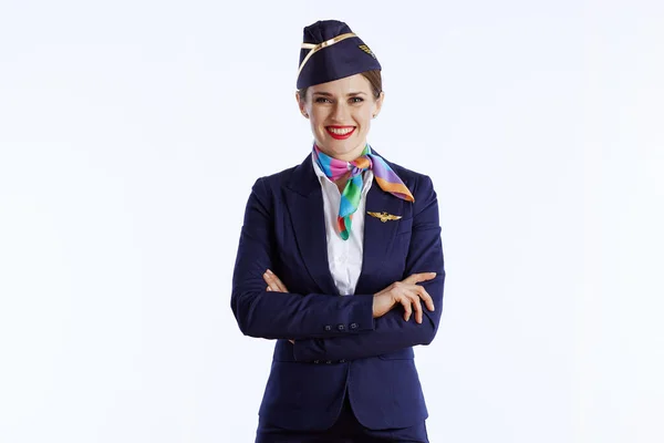 Sorridente Elegante Fêmea Aeromoça Isolada Fundo Branco Uniforme — Fotografia de Stock
