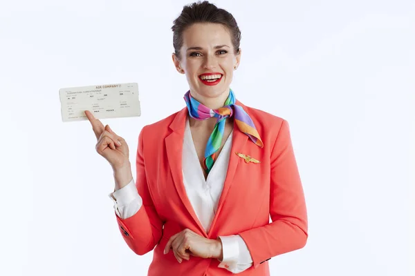 Happy Modern Female Air Hostess Isolated White Background Uniform Flight — Stock Photo, Image