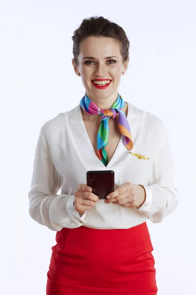 Leende Elegant Kvinnlig Flygvärdinna Isolerad Vit Bakgrund Uniform Med Hjälp — Stockfoto
