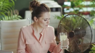Sürdürülebilir iş yeri. Modern yeşil ofiste elektrikli yelpaze, su ve limonla gülümseyen orta yaşlı kadın portresi..