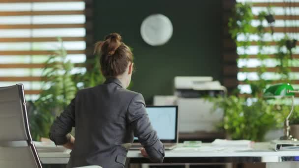 Lugar Trabajo Sostenible Visto Desde Atrás Mujer Negocios Moderna Traje — Vídeos de Stock