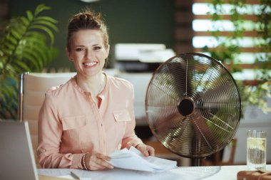 Sürdürülebilir iş yeri. Modern yeşil ofisteki küçük işletme sahibi 40 yaşındaki gülümseyen bir kadının portresi. Belgeler ve elektrikli yelpaze..