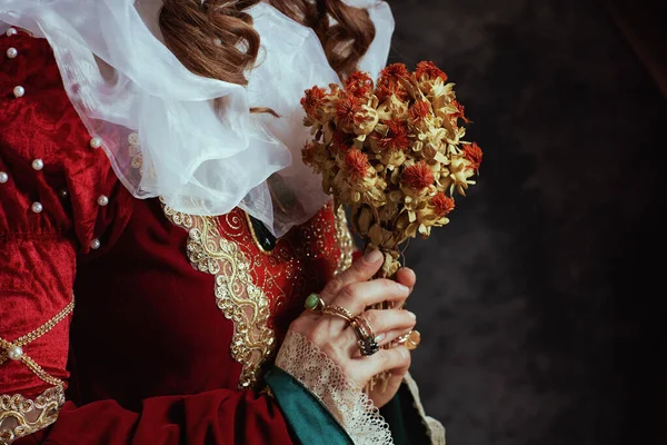 Close Middeleeuwse Koningin Rode Jurk Met Gedroogde Bloem Witte Kraag — Stockfoto