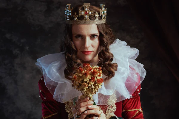 Μεσαιωνική Βασίλισσα Κόκκινο Φόρεμα Αποξηραμένο Λουλούδι Λευκό Γιακά Και Στέμμα — Φωτογραφία Αρχείου