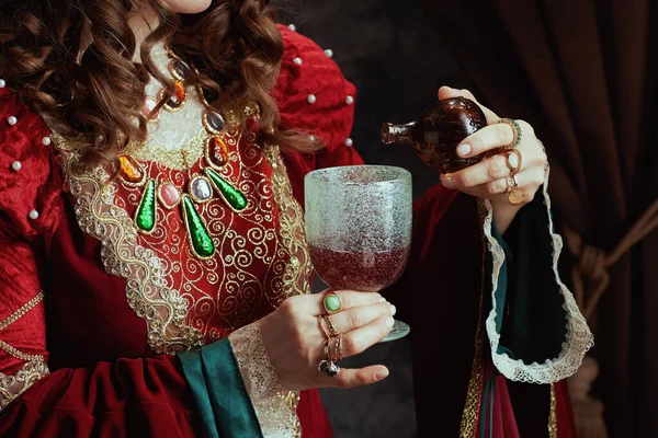 Nahaufnahme Einer Mittelalterlichen Königin Roten Kleid Die Auf Dunkelgrauem Hintergrund — Stockfoto