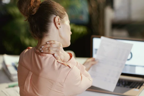 Seen Modern Woman Documents Laptop Having Neck Pain Modern Office — Stock Photo, Image