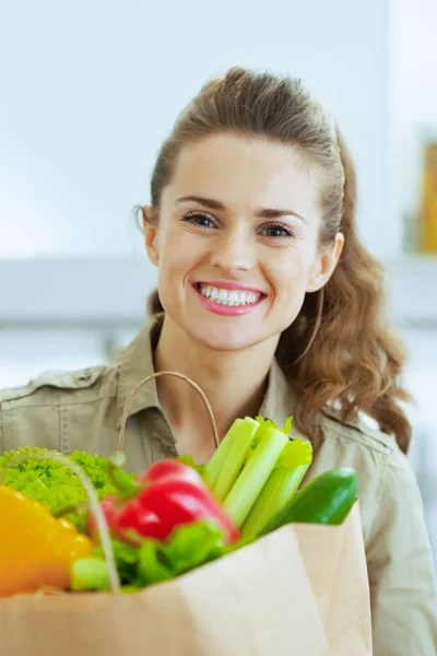 Glückliche Junge Hausfrau Mit Einkaufstasche Voller Gemüse — Stockfoto
