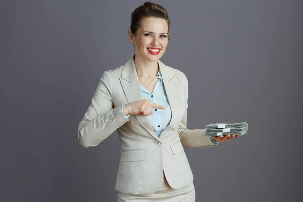 Smiling Trendy Middle Aged Woman Worker Light Business Suit Dollars — Stock Photo, Image