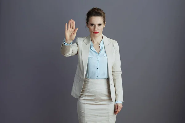 Young Years Old Woman Worker Light Business Suit Showing Stop — Stock Photo, Image