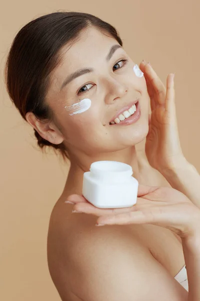Modern Asian Woman Facial Cream Jar Facial Cream Face Isolated — Stock Photo, Image