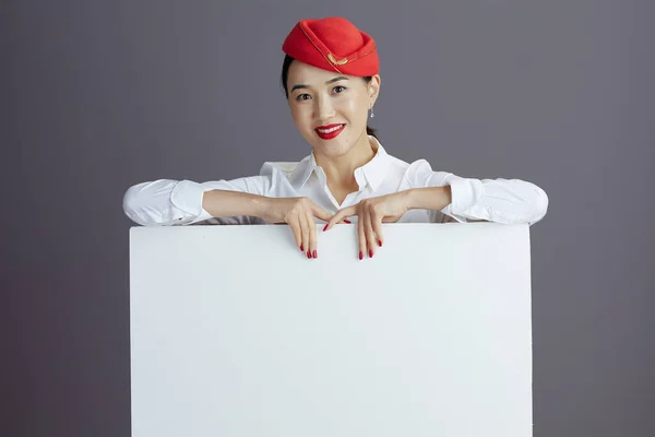 Smiling Stylish Stewardess Asian Woman Red Skirt Hat Uniform Blank — Stock Photo, Image