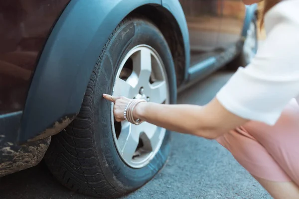 Car Accident Closeup Traveller Woman City Touching Flat Tire Stock Picture