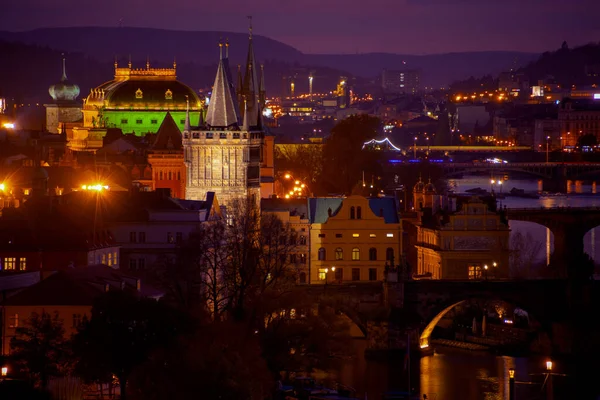 Landskap Med Old Town Bridge Tower Natten Höst Prag Tjeckien — Stockfoto