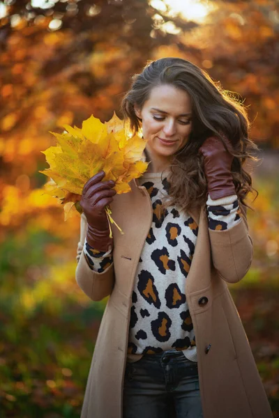 Hallo November Modernes Weibchen Braunen Mantel Mit Herbstgelben Blättern Herbst — Stockfoto