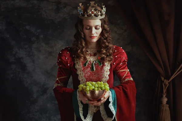 Kırmızı Elbiseli Ortaçağ Kraliçesi Üzüm Tabağı Tacı Koyu Gri Arka — Stok fotoğraf