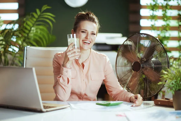 持続可能な職場 幸せな現代会計士の女性と仕事で電気ファン ラップトップ 水とレモンのカップ — ストック写真