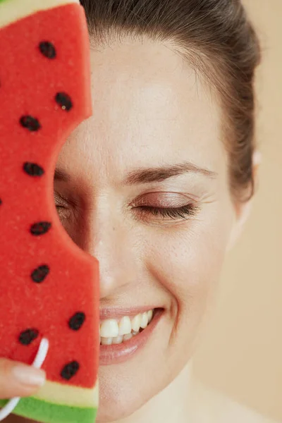Smiling Modern Middle Aged Woman Watermelon Shower Sponge — Stock Photo, Image