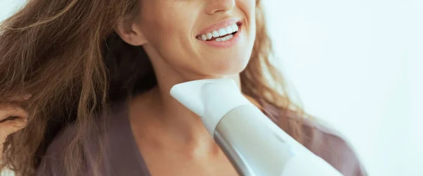 Closeup Happy Woman Blow Drying Hair — Stock Photo, Image