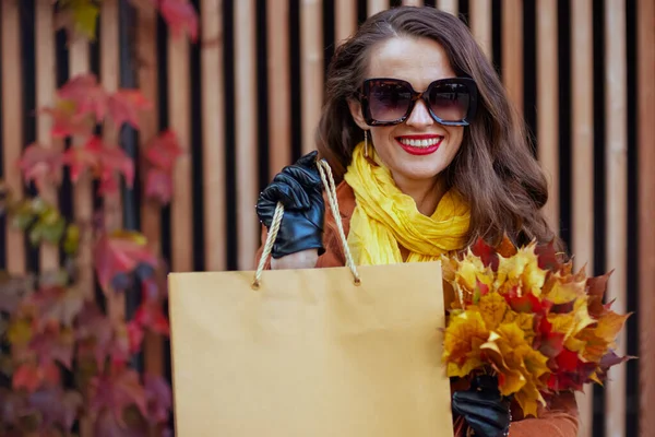 Hello November Happy Stylish Woman Brown Trench Coat Shopping Bag — Stock Photo, Image