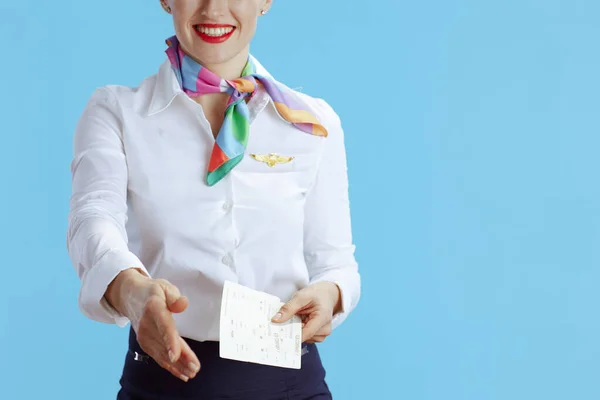 Closeup Modern Flight Attendant Woman Blue Background Uniform Flight Tickets — Stock Photo, Image