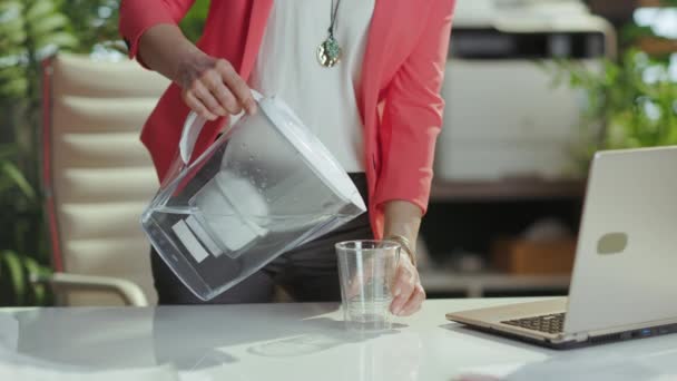 재킷을 노트북 컴퓨터를 일하는 비즈니스 여성에 클로즈업 — 비디오